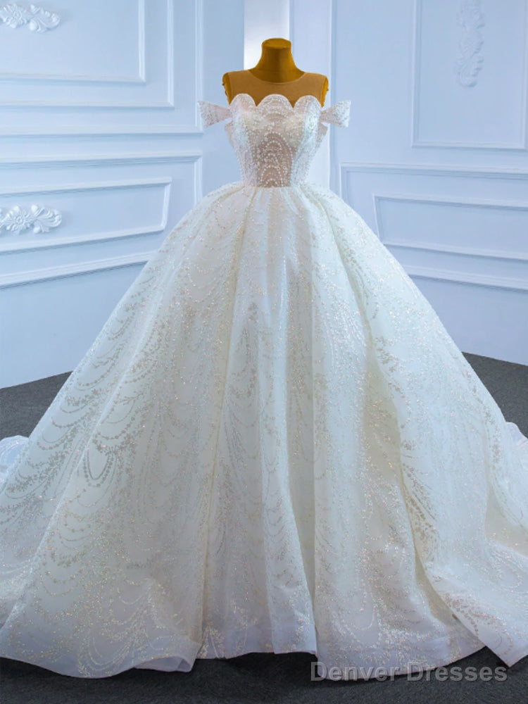 White Ball Gown Tulle Sequins Scoop Pearls Wedding Dress Party Prom Dresses Main image