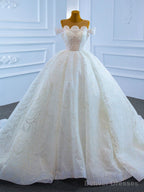 White Ball Gown Tulle Sequins Scoop Pearls Wedding Dress Party Prom Dresses