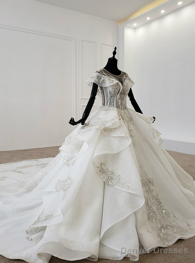 White Ball Gown Tulle Sequins Wedding Dress With Train Main image