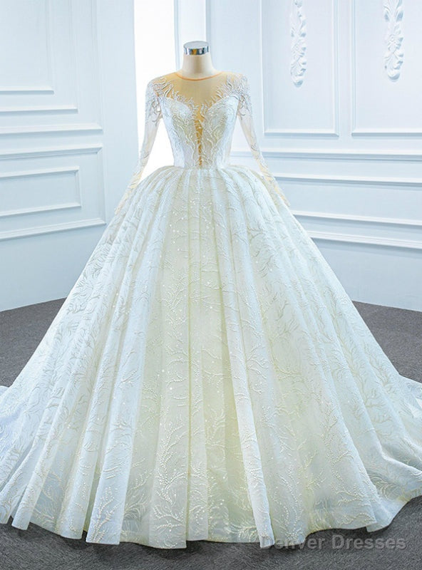 White Ball Gown Tulle Seuqins Long Sleeve Wedding Dress Main image