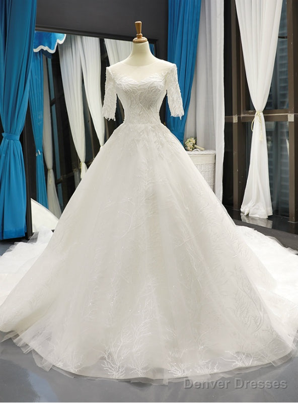 White Ball Gown Tulle Short Sleeve Backless Wedding Dress With Beading Main image