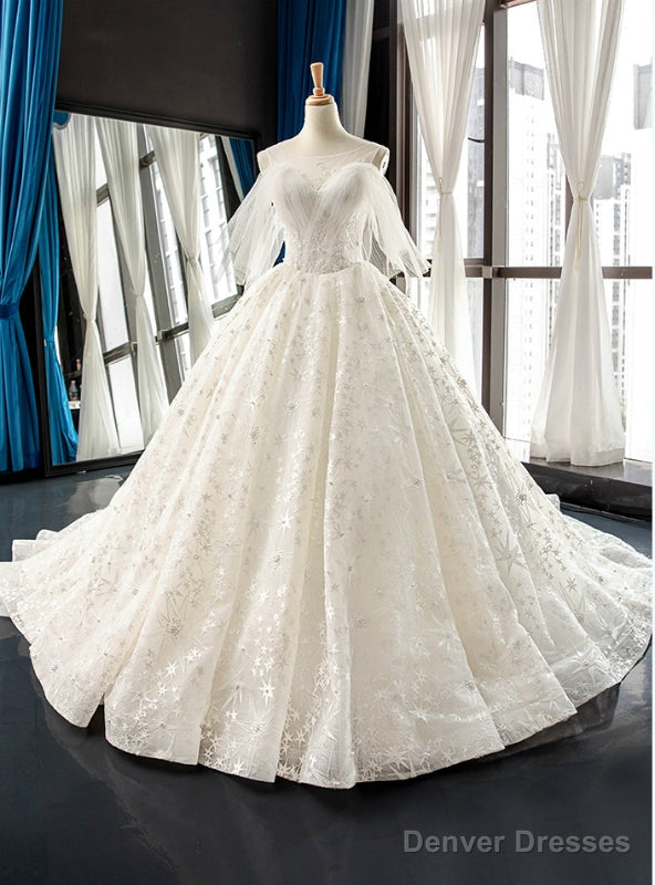 White Ball Gown Tulle Star Embrodiery Lace Backless Wedding Dress Main image