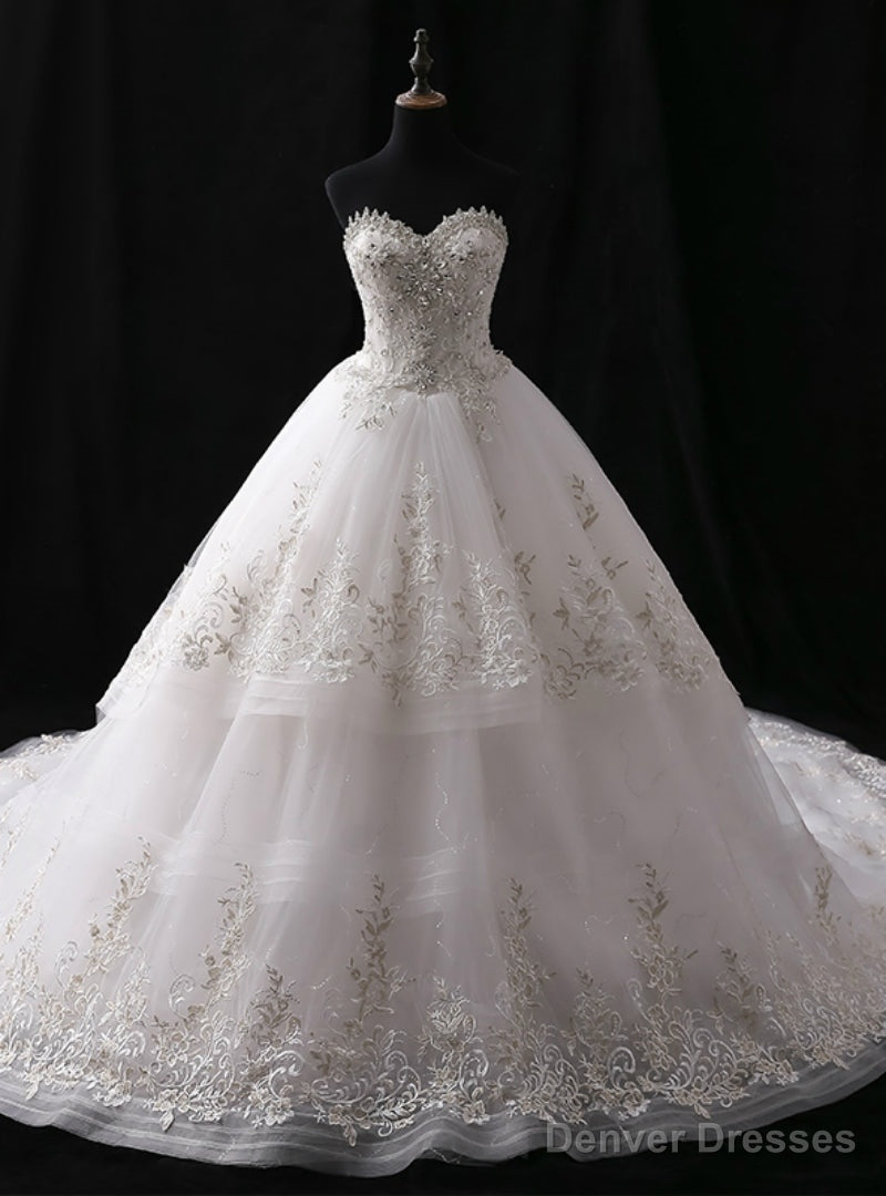 White Ball Gown Tulle Sweetheart Train With Crystal Wedding Dress Main image