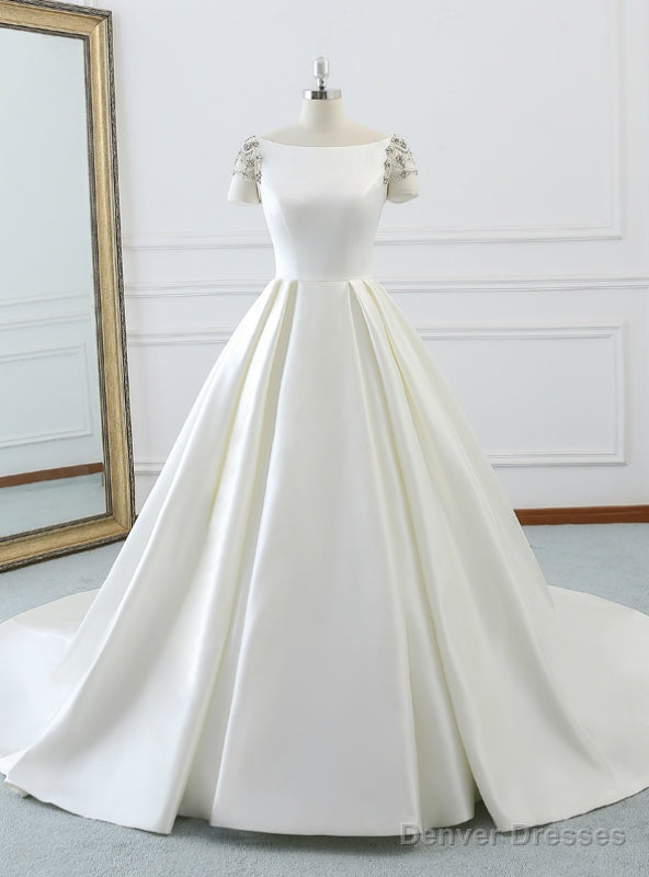 White Bateau Short Sleeve Satin Backless Wedding Dress With Long Train Main image