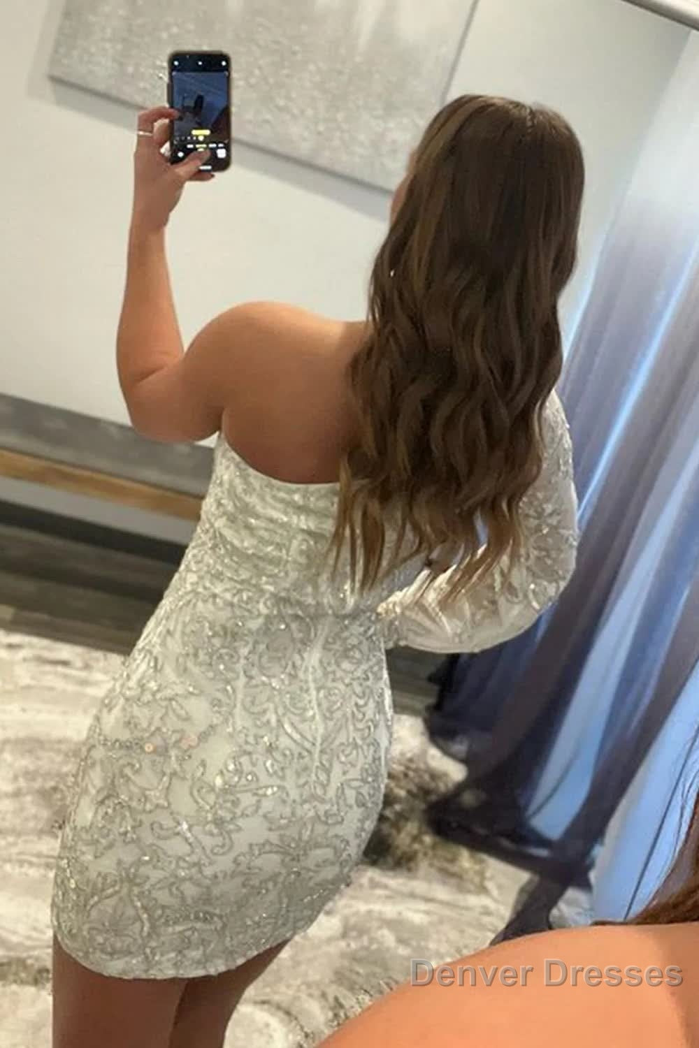White Beaded Sequins One Shoulder Tight Homecoming Dress Secondary image