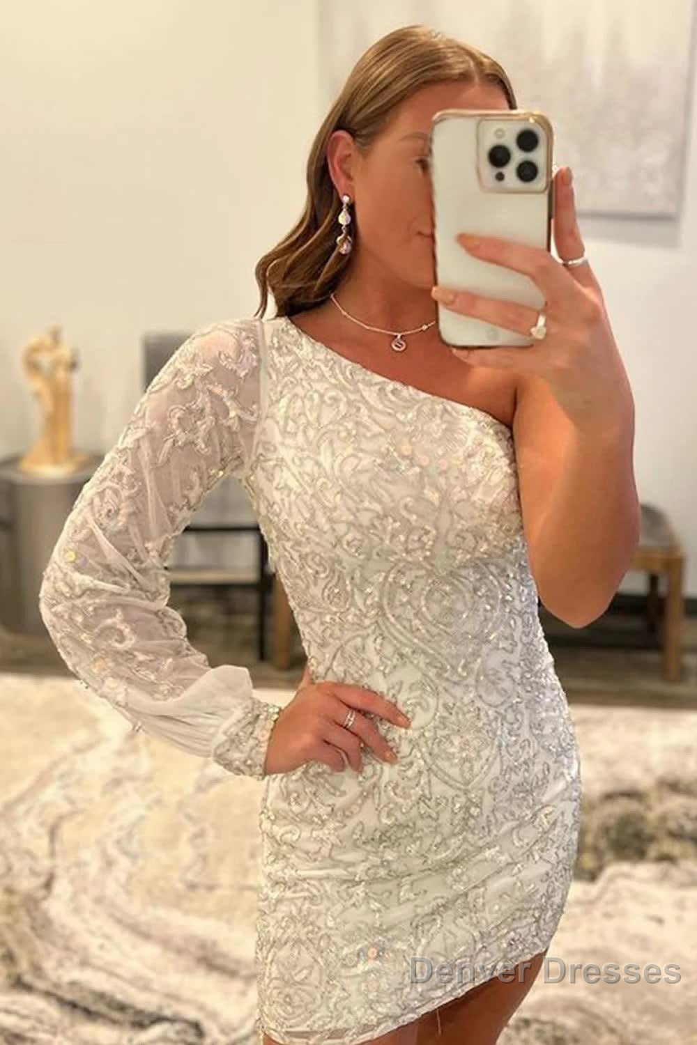 White Beaded Sequins One Shoulder Tight Homecoming Dress Main image