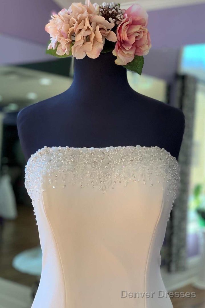White Beaded Strapless Mermaid Long Bridal Gown Off Shoulder