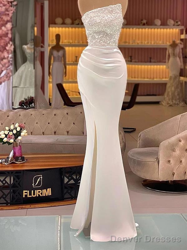 White Beading Mermaid Sleeveless Side Slit Prom Dress, Main image