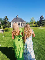 White Blue Floral A-Line Prom Dress Long Evening Gown
