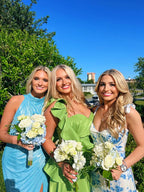 White Blue Floral A-Line Prom Dress Long Evening Gown
