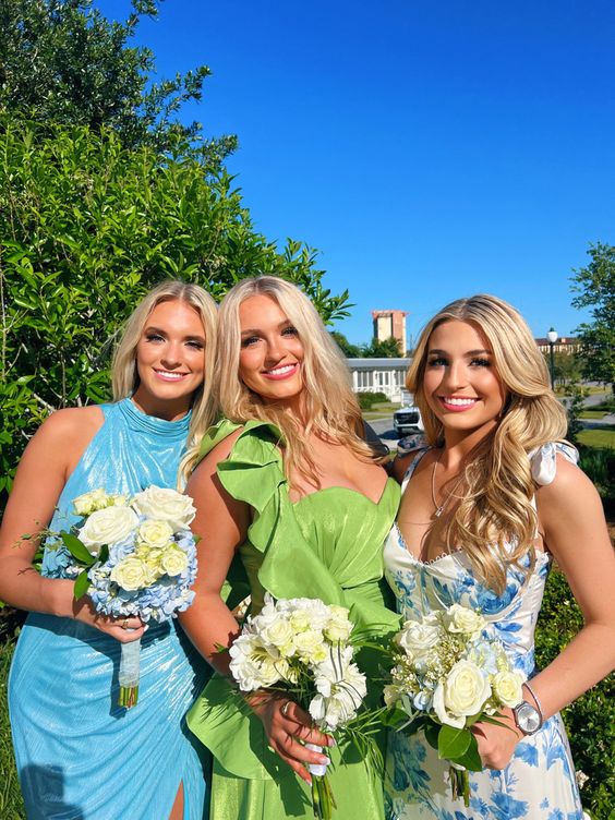 White Blue Floral A-Line Prom Dress Long Evening Gown