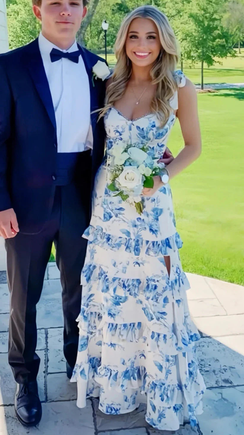 White Blue Floral A-Line Prom Dress Long Evening Gown Secondary image
