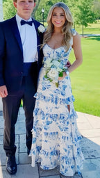 White Blue Floral A-Line Prom Dress Long Evening Gown