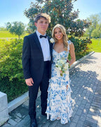 White Blue Floral A-Line Prom Dress Long Evening Gown