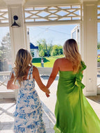White Blue Floral A-Line Prom Dress Long Evening Gown
