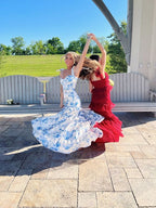 White Blue Floral A-Line Prom Dress Long Evening Gown