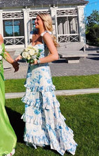 White Blue Floral A-Line Prom Dress Long Evening Gown