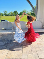 White Blue Floral A-Line Prom Dress Long Evening Gown
