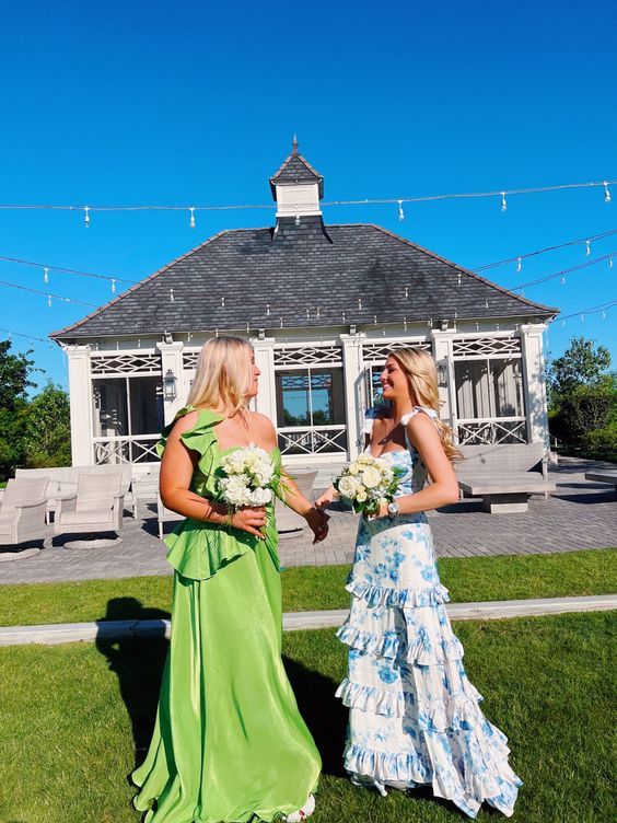 White Blue Floral A-Line Prom Dress Long Evening Gown