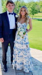 White Blue Floral A-Line Prom Dress Long Evening Gown