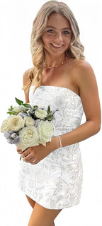 White Blue Floral Homecoming Dress Strapless Short Prom Dress,
