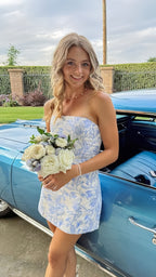 White Blue Floral Homecoming Dress Strapless Short Prom Dress,