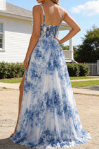 White Blue Flower Spaghetti Straps Ruched Corset Long Prom Dress With Slit