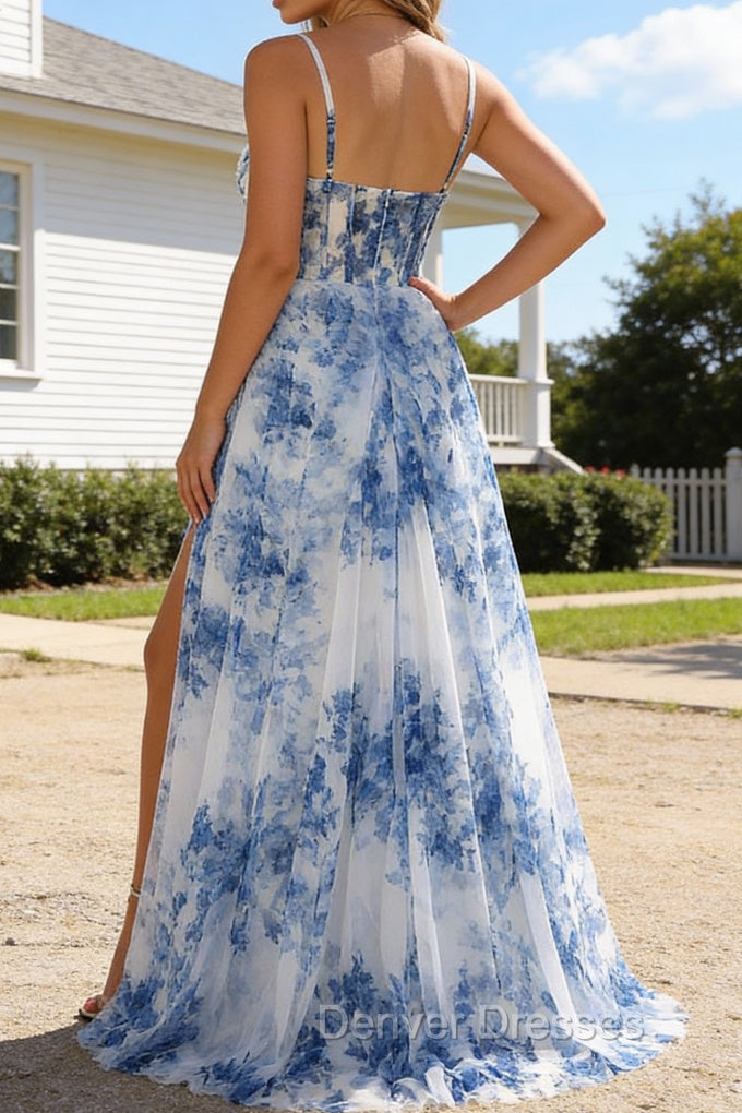 White Blue Flower Spaghetti Straps Ruched Corset Long Prom Dress With Slit