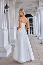 White Chiffon Prom Dresses Surplice Neck A-Line Long Evening Dress with Spaghetti Straps
