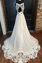 White Cowl Neck Cutout Back Lace-Trimmed Long Wedding Dress Beautiful