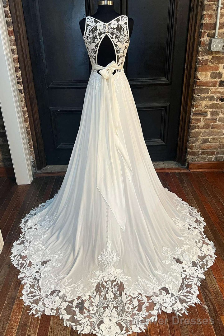White Cowl Neck Cutout Back Lace-Trimmed Long Wedding Dress Beautiful