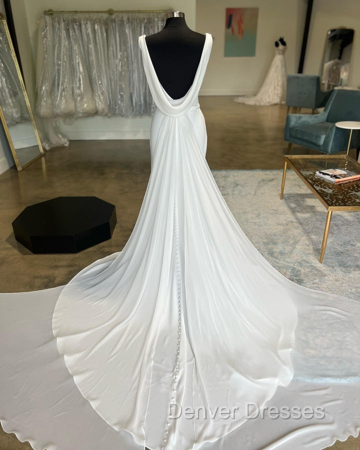 White Cowl Neck Open Back Mermaid Long Wedding Dress Pure Color Secondary image