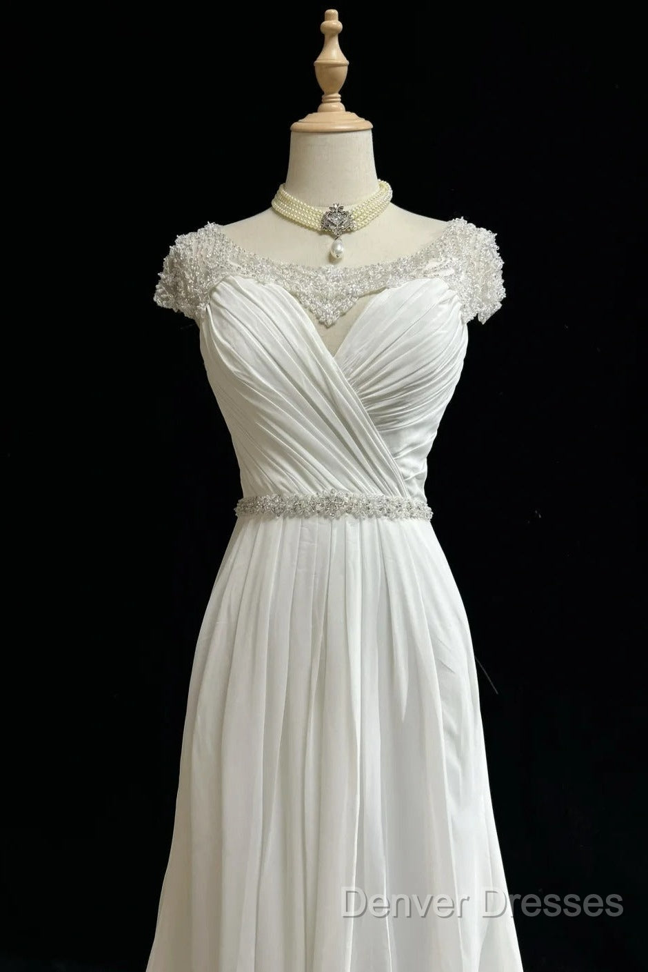 White Elegant A-Line Chiffon V-Neck Long Prom Dress With Beading Simple Wedding Dress Secondary image