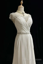 White Elegant A-Line Chiffon V-Neck Long Prom Dress With Beading Simple Wedding Dress