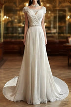 White Elegant A-Line Chiffon V-Neck Long Prom Dress With Beading Simple Wedding Dress