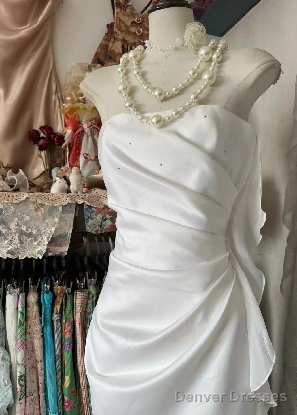 White Elegant Sheath Strapless Chiffon Prom Dress Birthday Dress