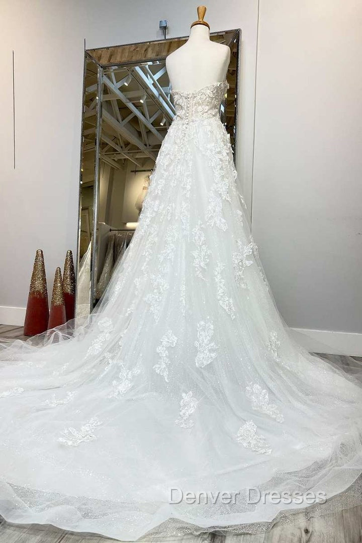 White Floral Applique Sweetheart Long Wedding Dress With Sweeping Train Beautiful Secondary image