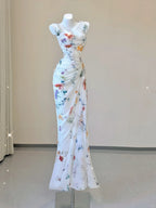 White Floral Elegant Sweet Sophisticated Long Chiffon Ball Gown Evening Dress Party Dress