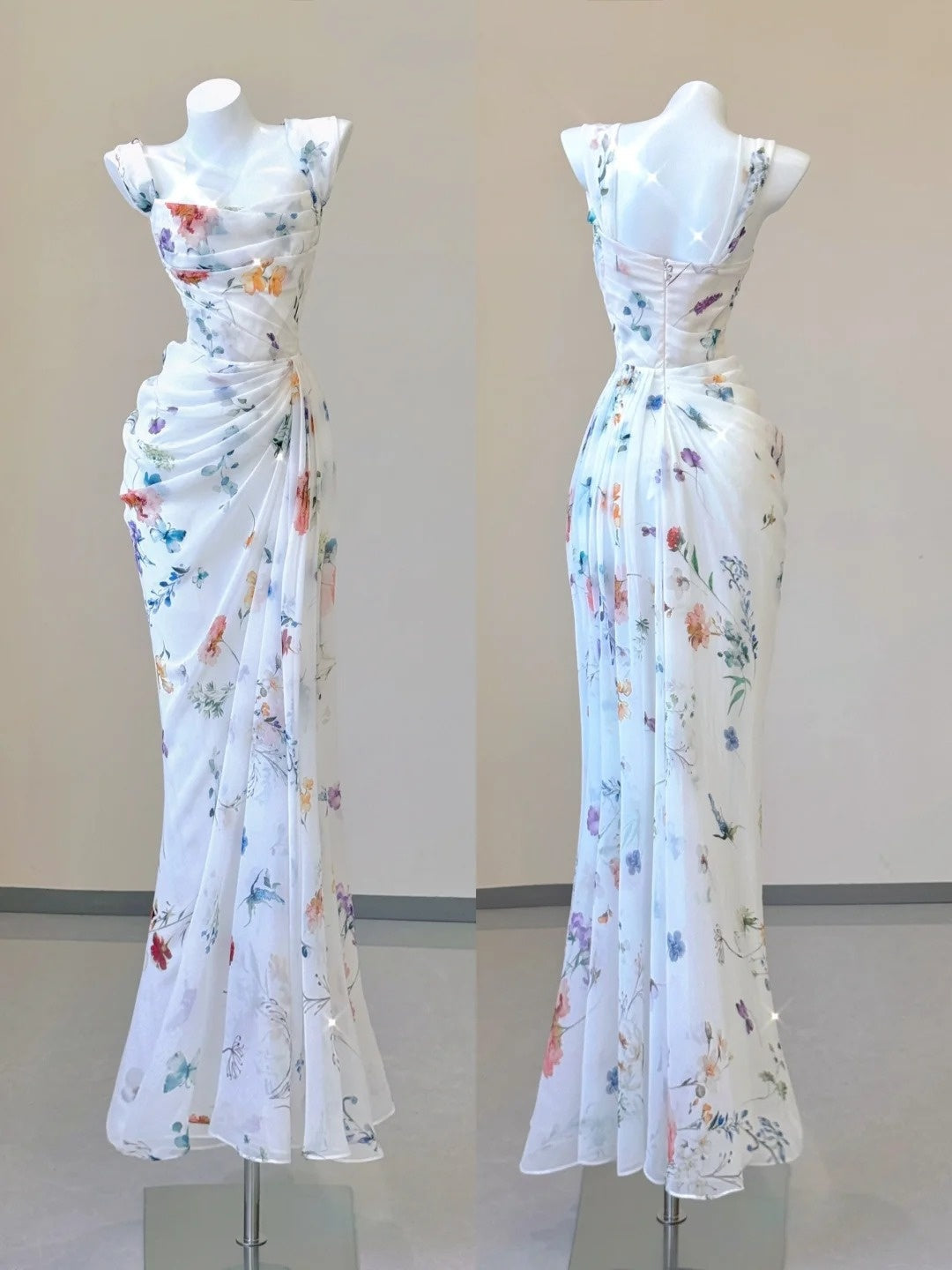 White Floral Elegant Sweet Sophisticated Long Chiffon Ball Gown Evening Dress Party Dress Main image