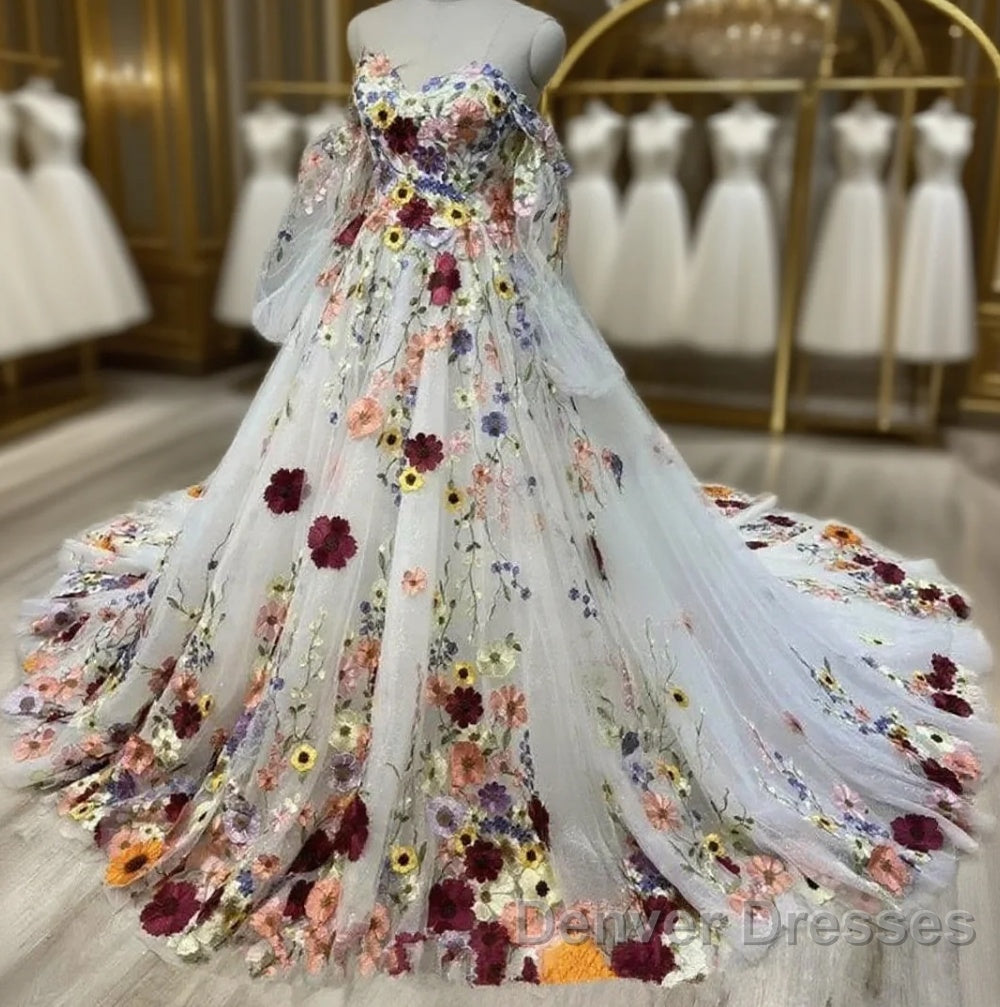 White Floral Sweetheart Long Sleeves Ball Gown Prom Dress Main image