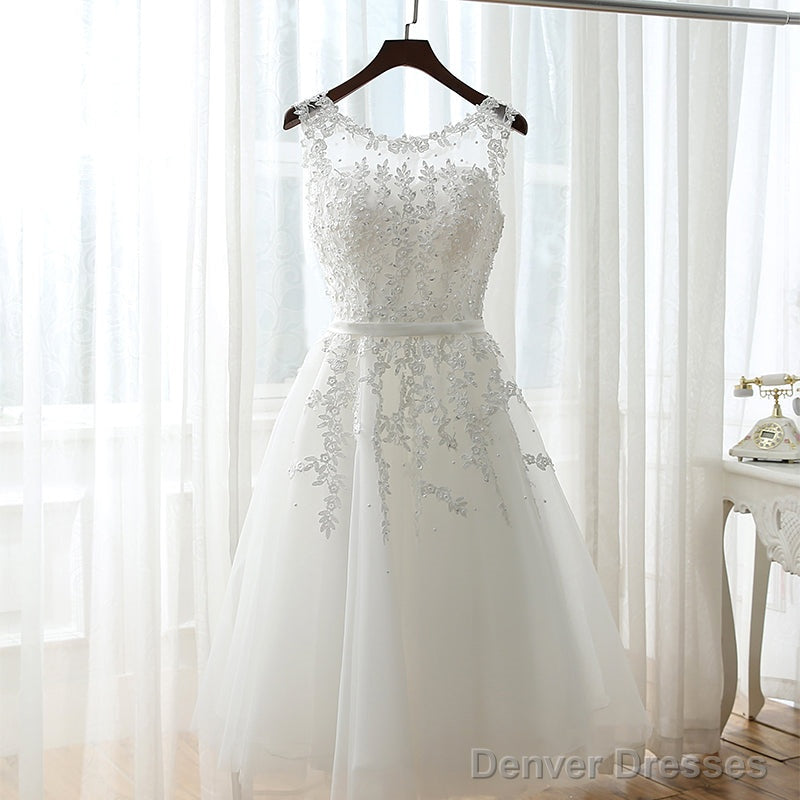 White Graduation Dresses, Round Neckline Tea Length Party Dress, Cute Formal Dress