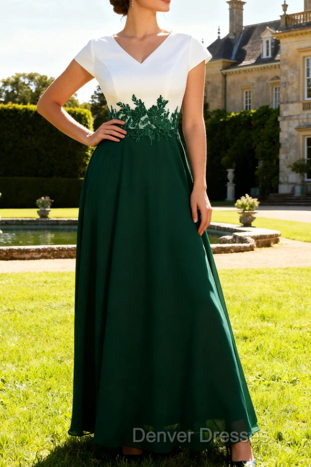 White Green A Line V Neck Appliqued Mother Of The Bride Dresses