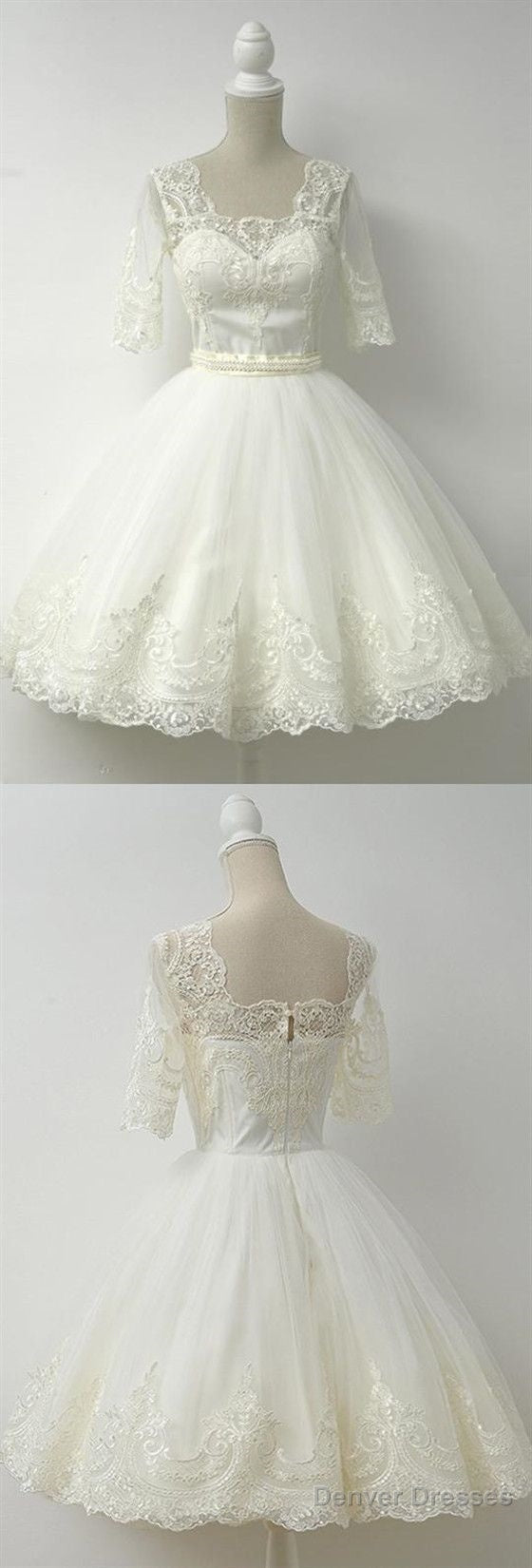 White Half Sleeves A Line Short Homecoming Dresses,Lace Cocktail Dress