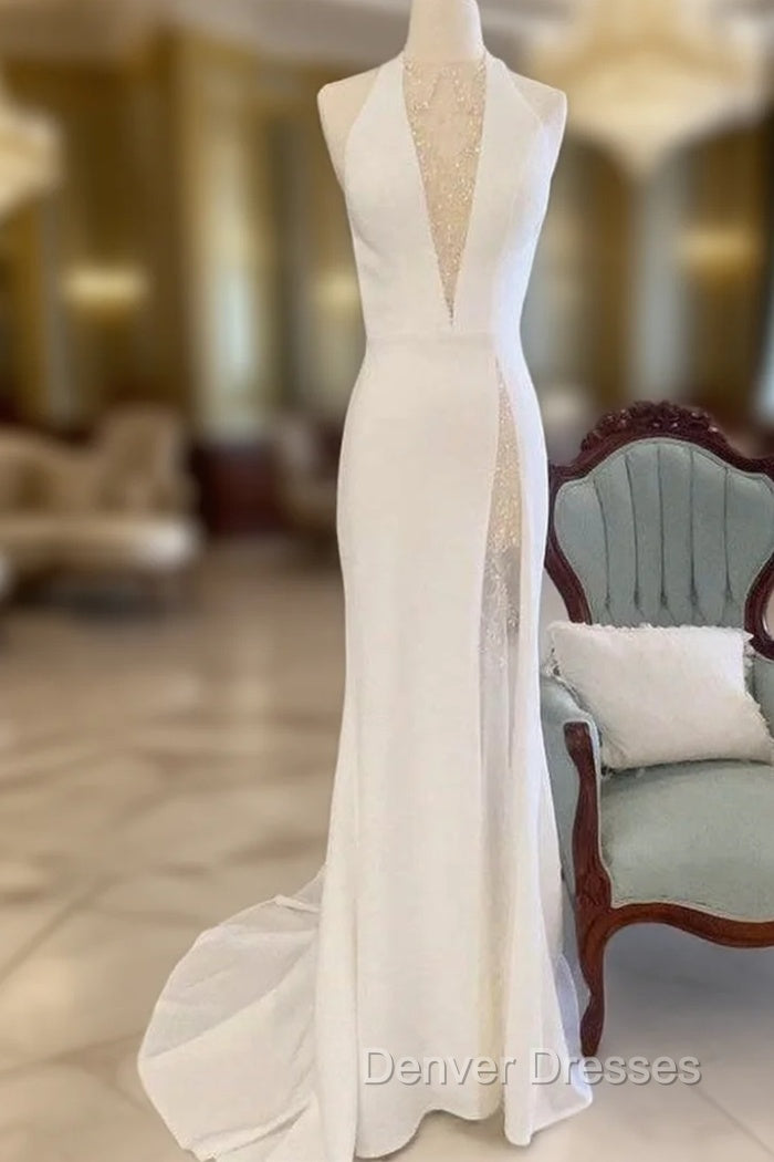 White Halter Open Back Mermaid Long Wedding Dress V-Neck Main image