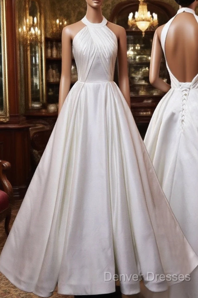 White Halter Simple Satin Backless Long Weddign Party Dress, White Long Formal Dress Main image