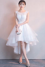 White High Low Graduation Dress , Tulle And Lace Party Dresses