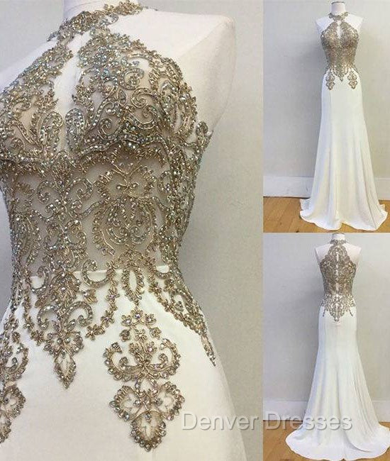 White High Neck Lace Applique Long Prom Dress, Evening Dress Main image