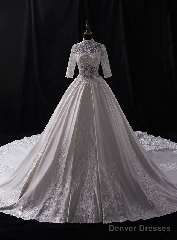 White High Neck Satin Appliques Beading Half Sleeve Wedding Dress Main image