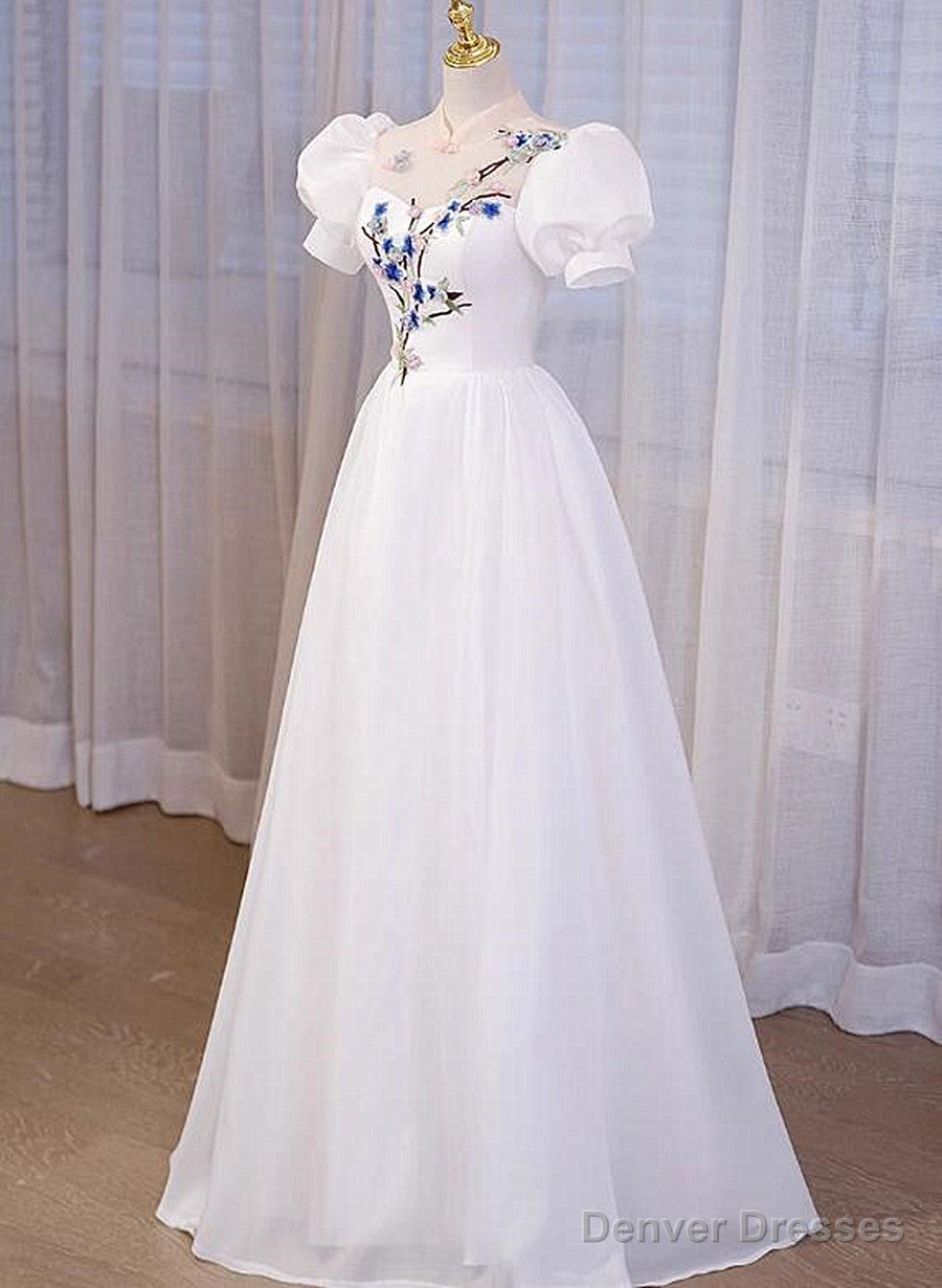 White High Neckline A-line Short Sleeves Party Dress, White Long Formal Dress Secondary image