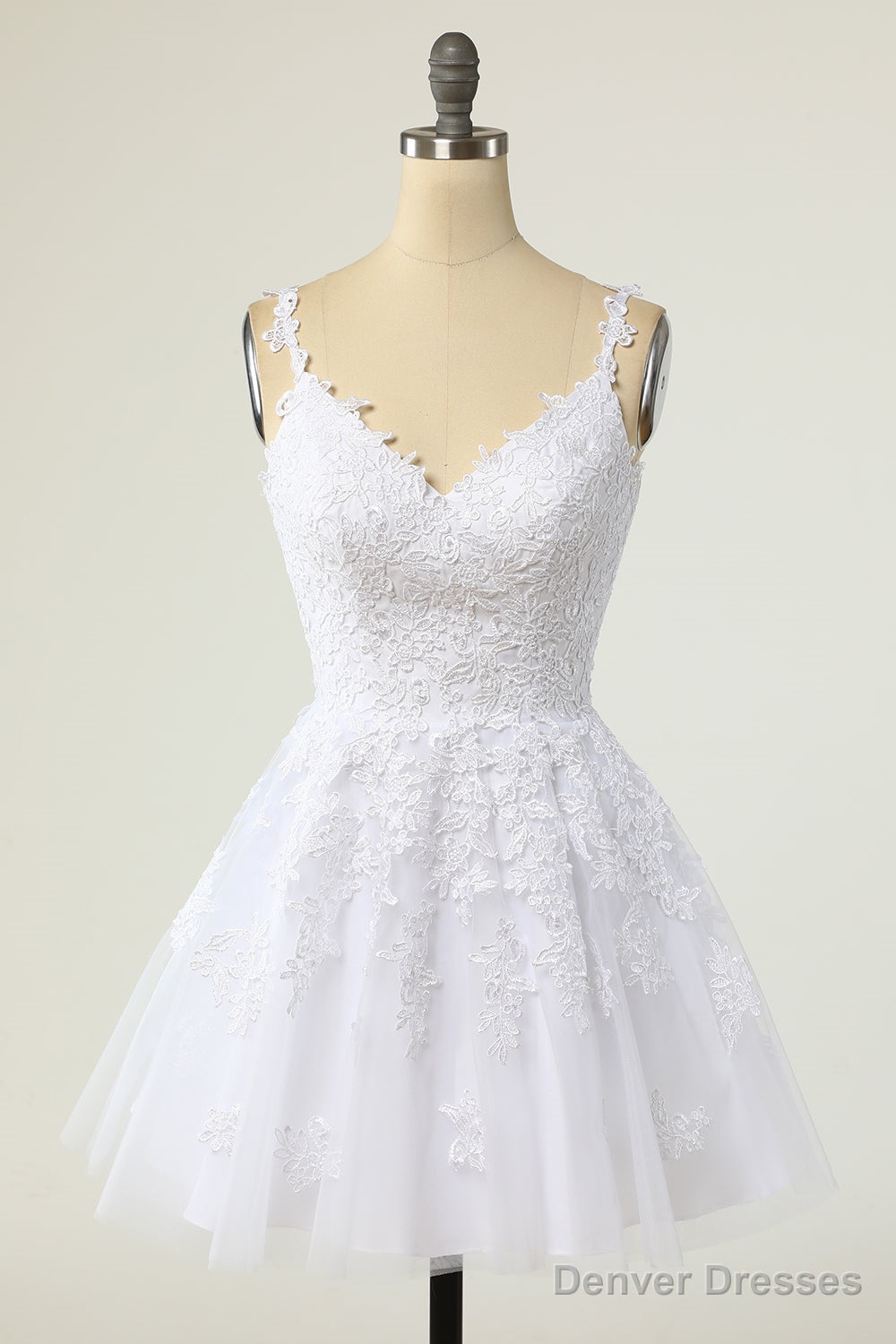 White Homecoming Dresses Spaghetti Straps Short Prom Dresses A-line V-neck Tulle Lace Backless Main image